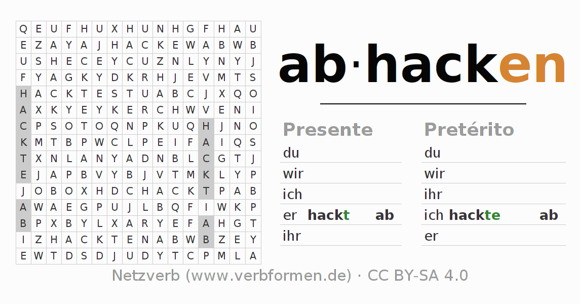 Caça-palavras com a conjugação do verbo abhacken