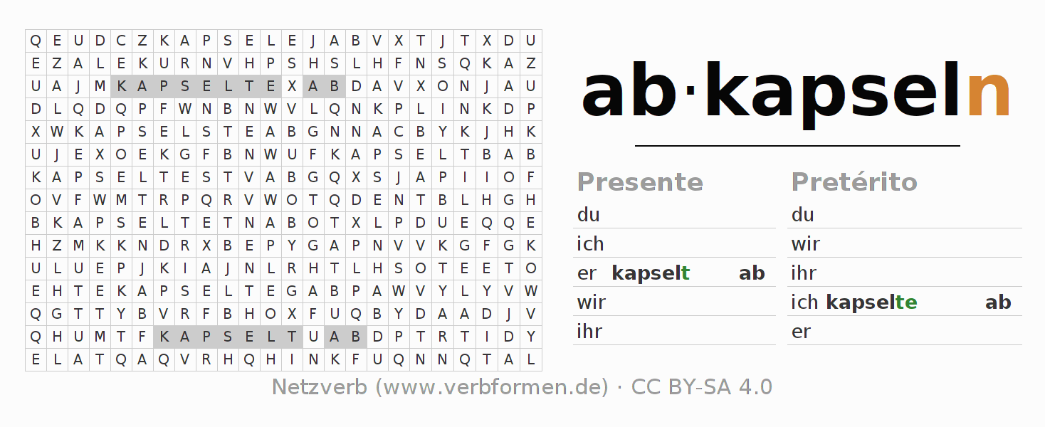 Caça-palavras com a conjugação do verbo abkapseln