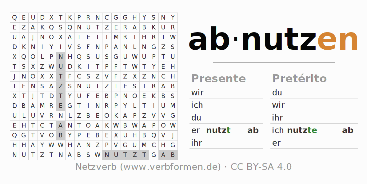 Caça-palavras com a conjugação do verbo abnutzen