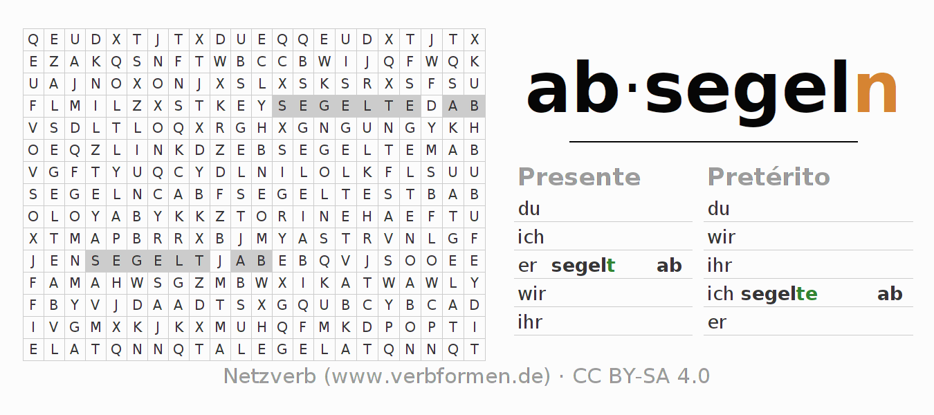 Caça-palavras com a conjugação do verbo absegeln (hat)