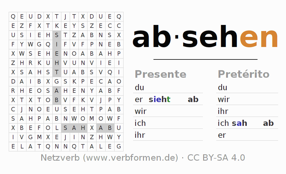 Caça-palavras com a conjugação do verbo absehen