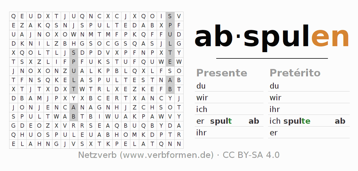 Caça-palavras com a conjugação do verbo abspulen