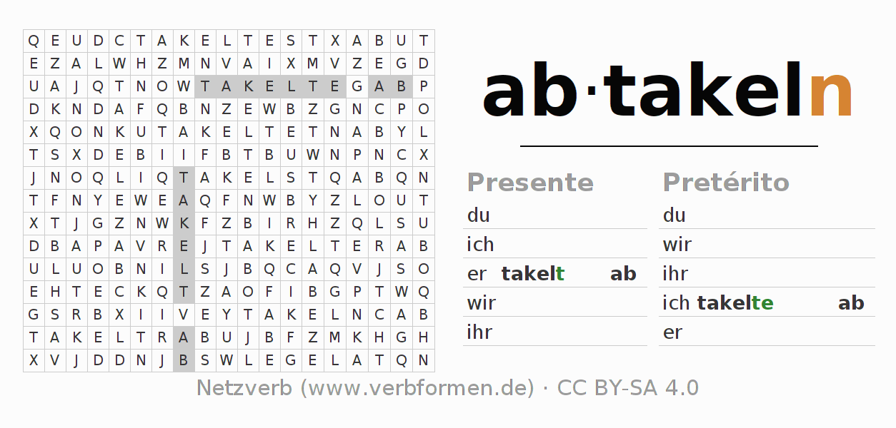 Caça-palavras com a conjugação do verbo abtakeln