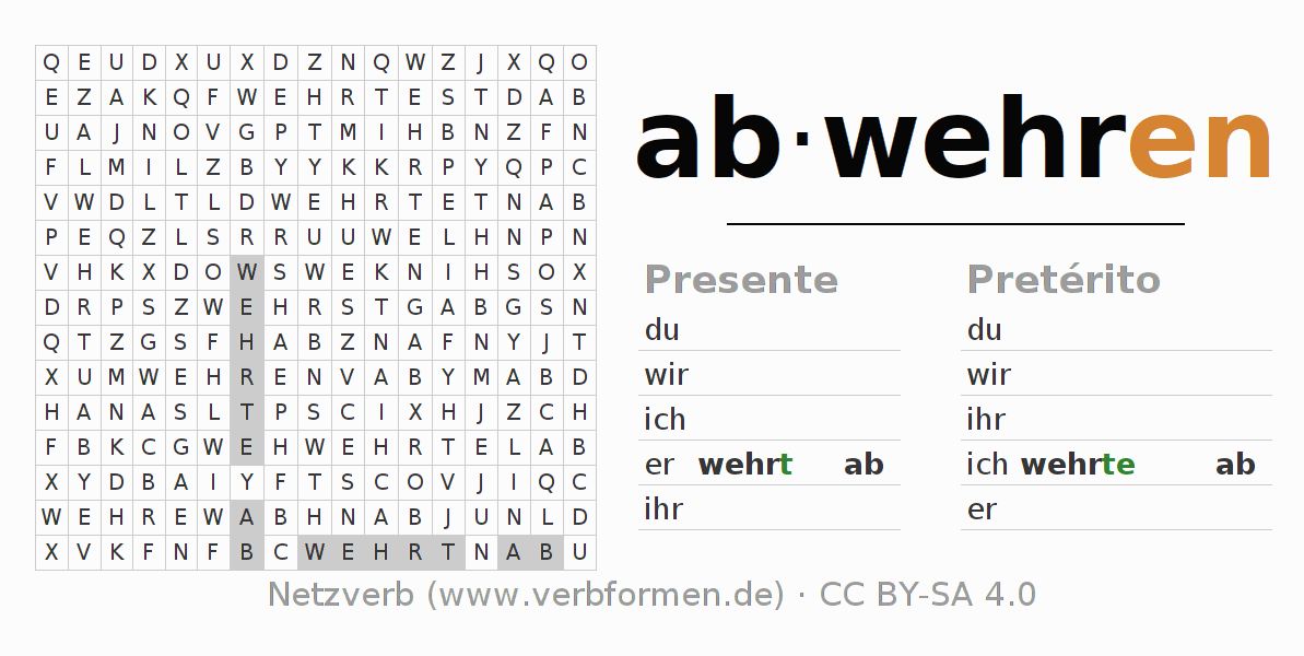 Caça-palavras com a conjugação do verbo abwehren