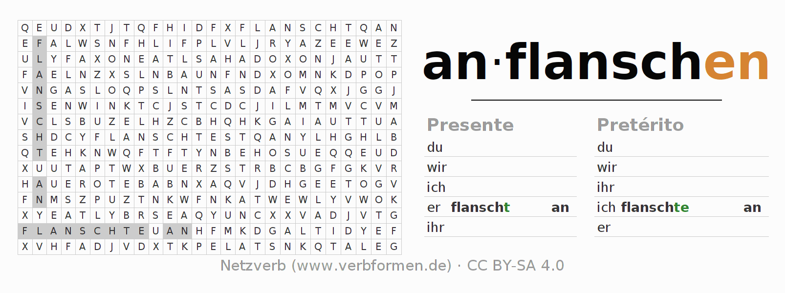 Caça-palavras com a conjugação do verbo anflanschen