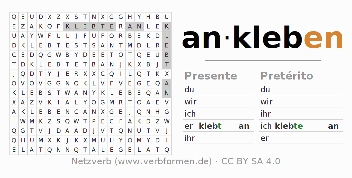 Caça-palavras com a conjugação do verbo ankleben (ist)