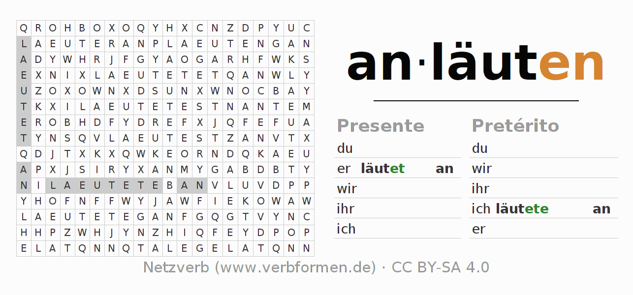Caça-palavras com a conjugação do verbo anläuten