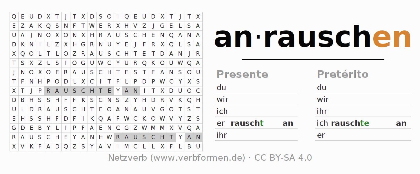 Caça-palavras com a conjugação do verbo anrauschen