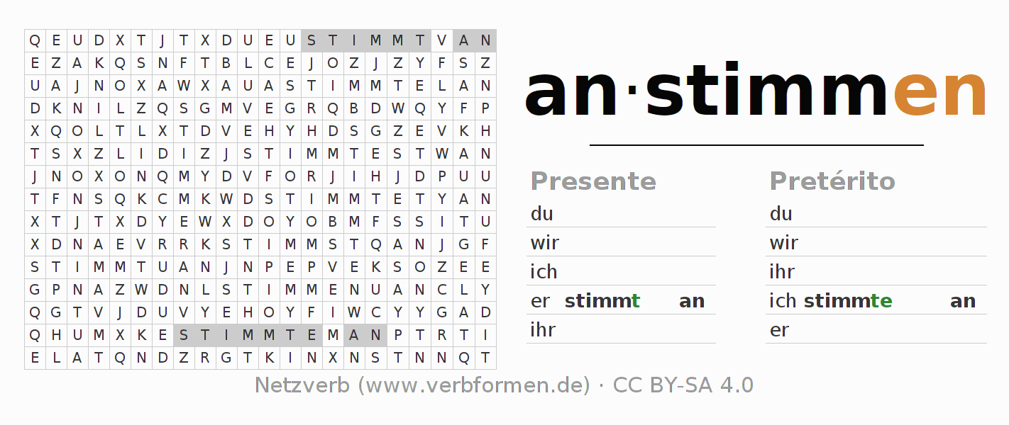 Caça-palavras com a conjugação do verbo anstimmen