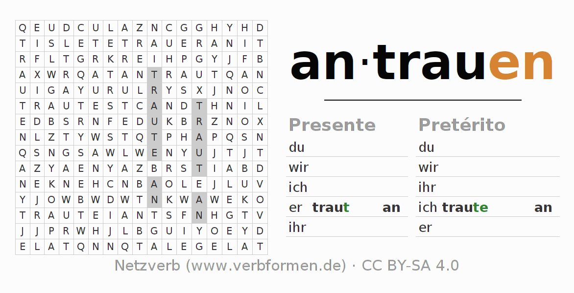 Caça-palavras com a conjugação do verbo antrauen