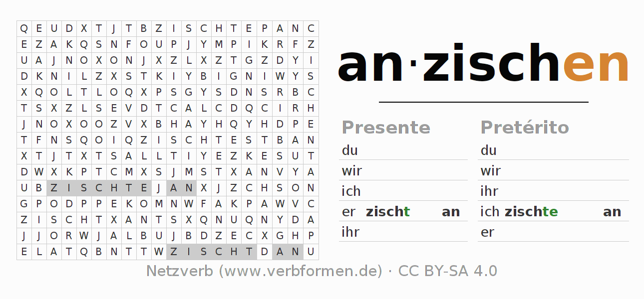 Caça-palavras com a conjugação do verbo anzischen (hat)