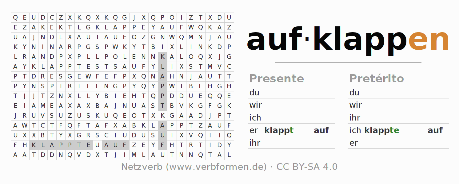 Caça-palavras com a conjugação do verbo aufklappen (hat)