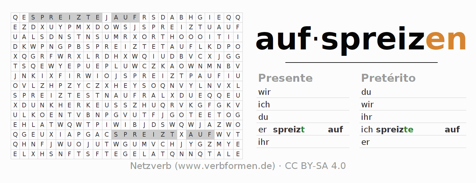 Caça-palavras com a conjugação do verbo aufspreizen