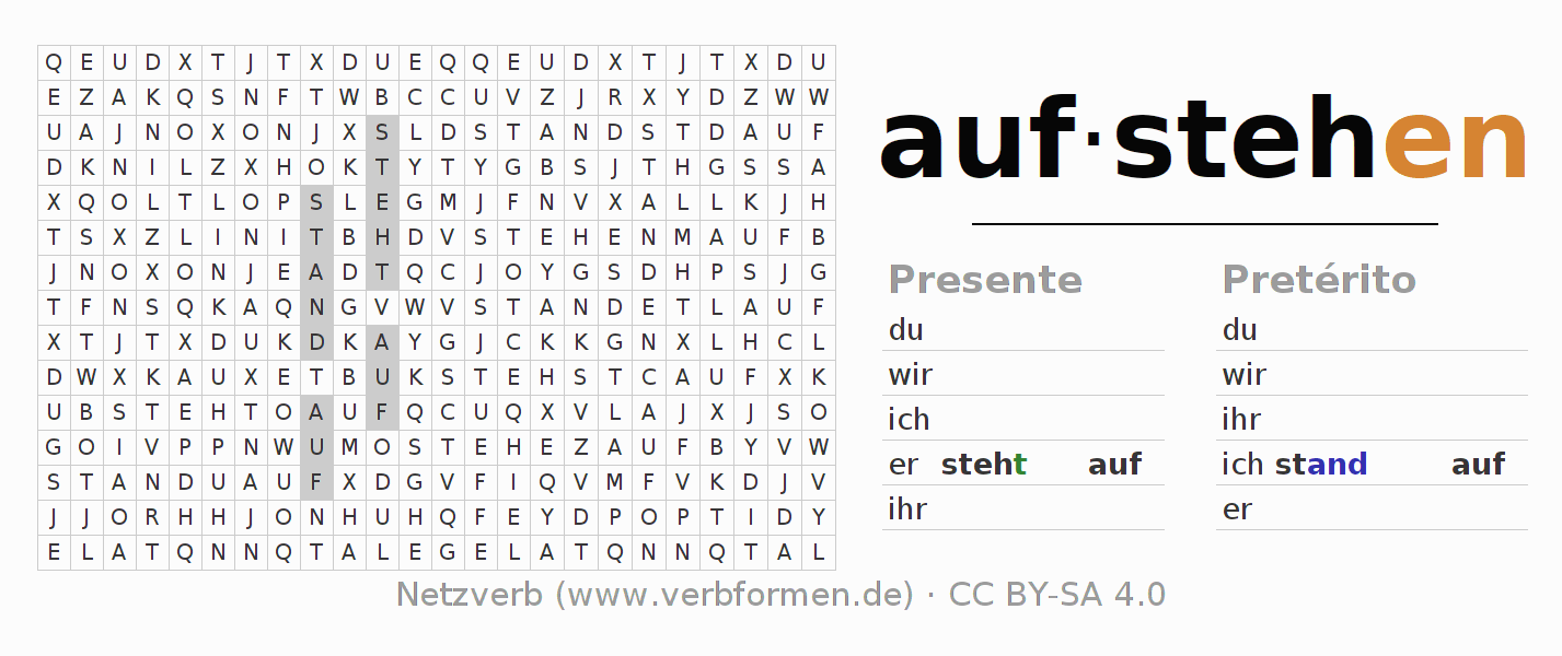 Caça-palavras com a conjugação do verbo aufstehen (hat)
