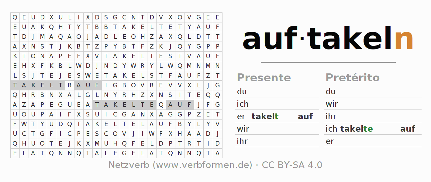 Caça-palavras com a conjugação do verbo auftakeln