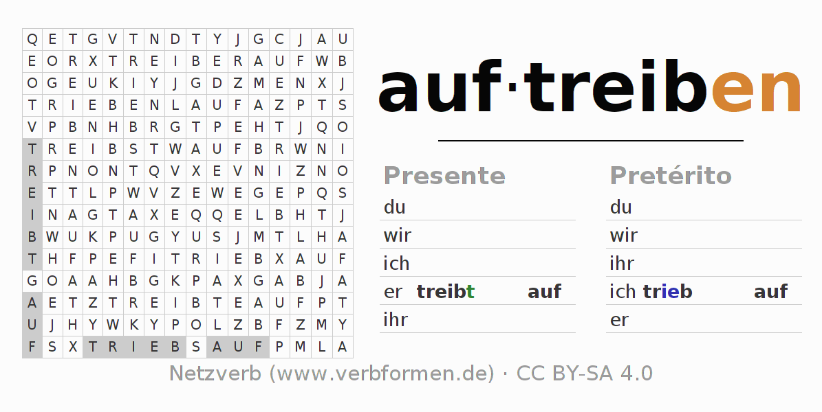 Caça-palavras com a conjugação do verbo auftreiben (ist)