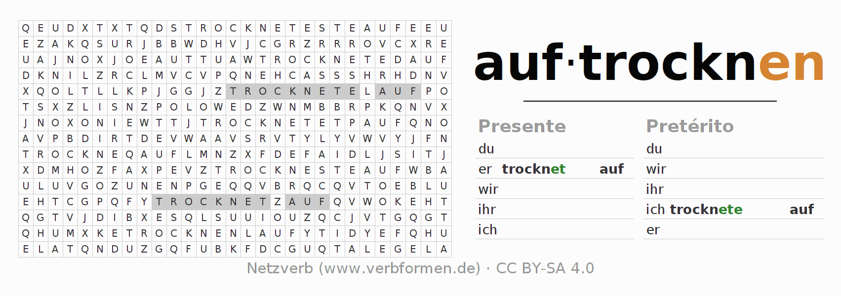 Caça-palavras com a conjugação do verbo auftrocknen (hat)
