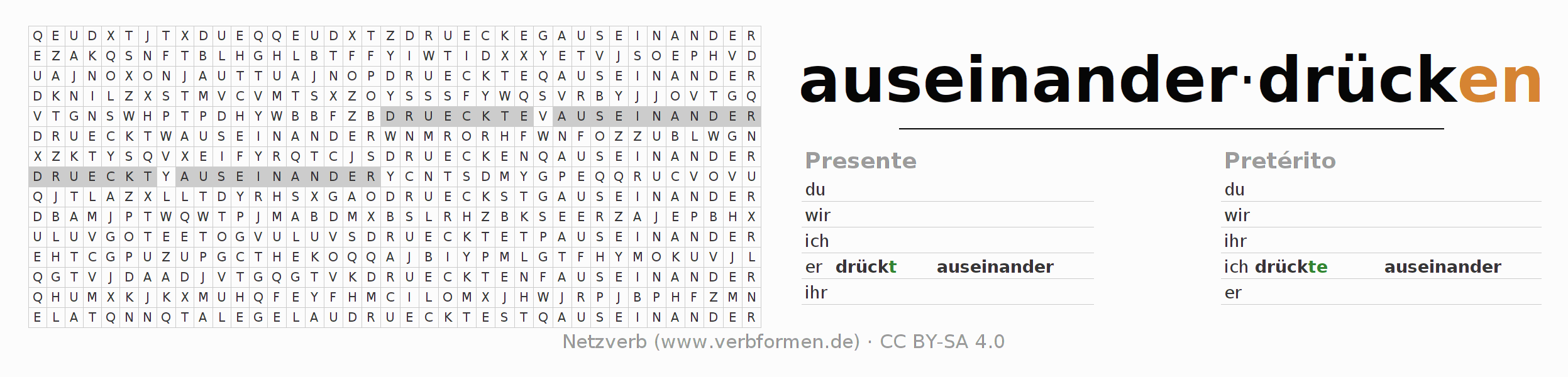 Caça-palavras com a conjugação do verbo auseinanderdrücken