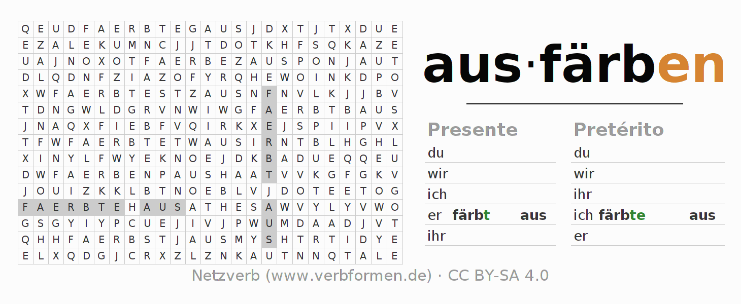 Caça-palavras com a conjugação do verbo ausfärben (hat)
