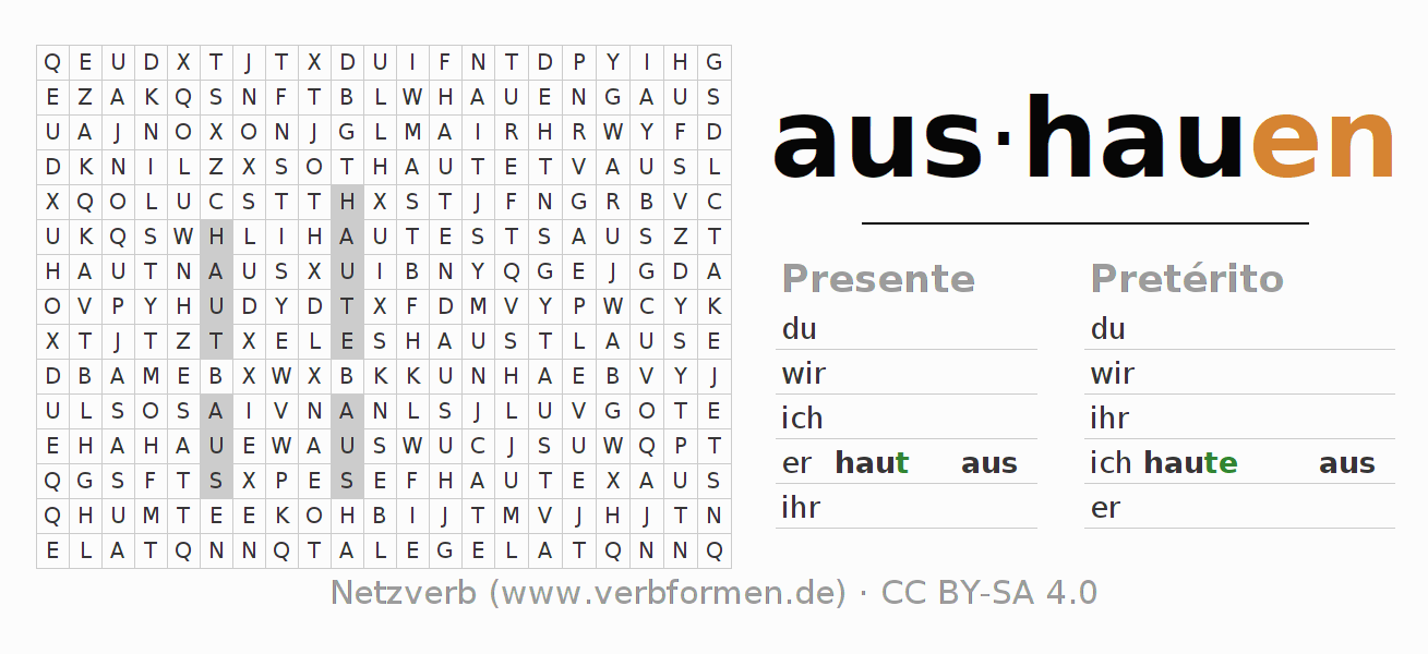 Caça-palavras com a conjugação do verbo aushauen (regelm)
