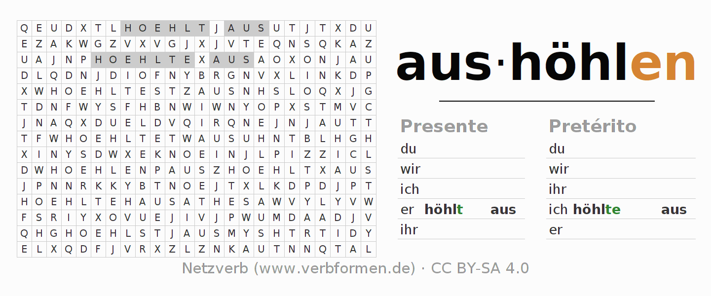Caça-palavras com a conjugação do verbo aushöhlen