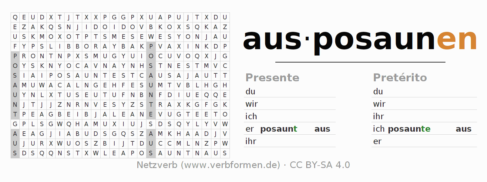 Caça-palavras com a conjugação do verbo ausposaunen