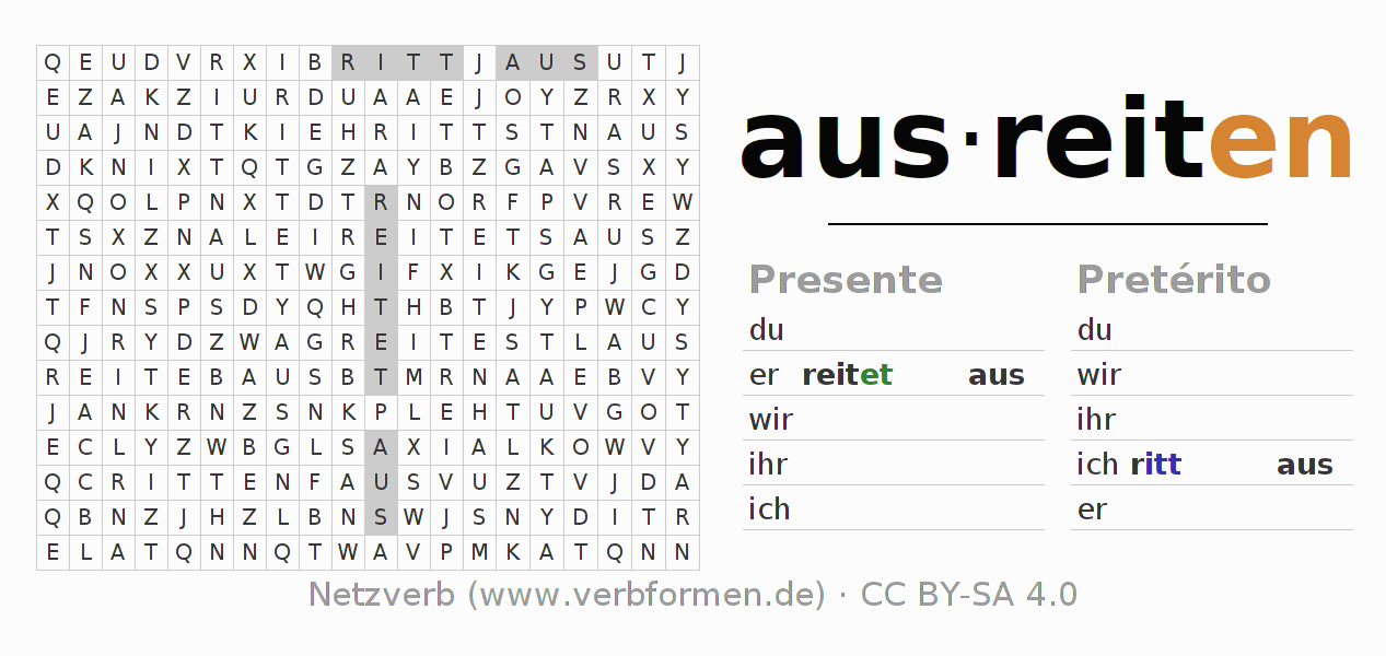 Caça-palavras com a conjugação do verbo ausreiten (ist)