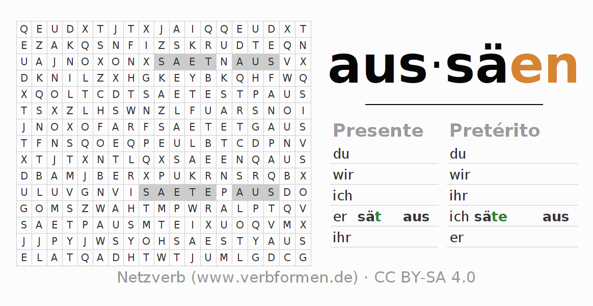 Caça-palavras com a conjugação do verbo aussäen