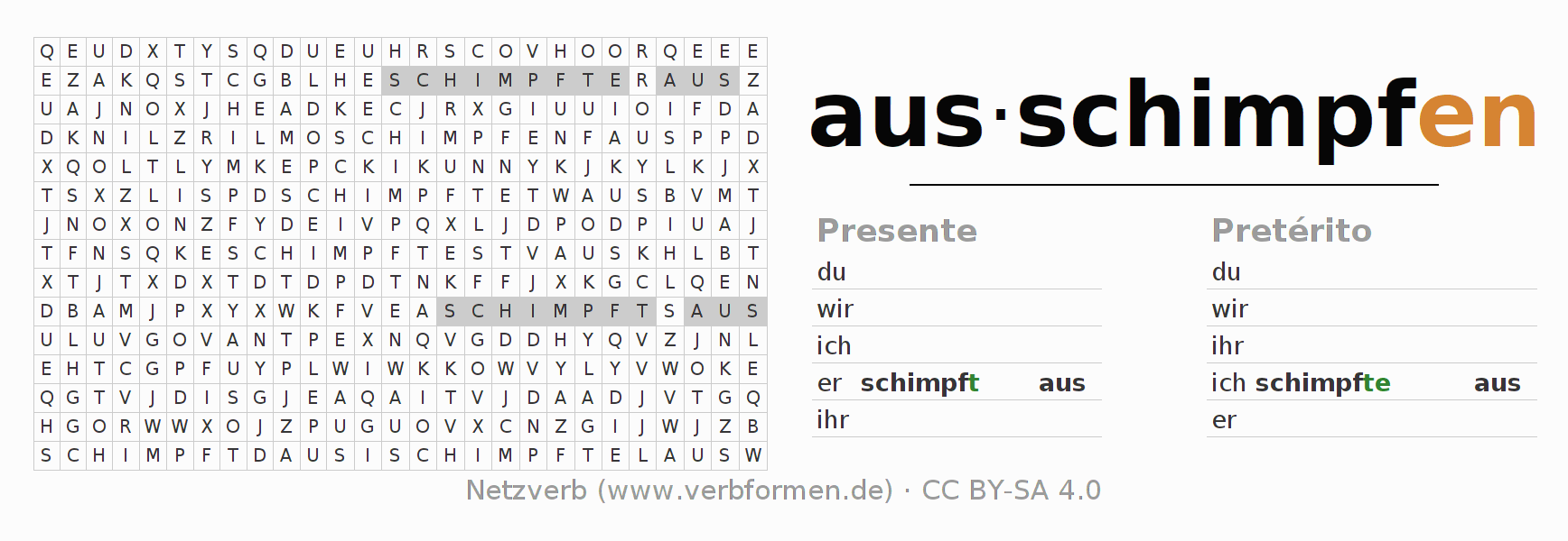 Caça-palavras com a conjugação do verbo ausschimpfen