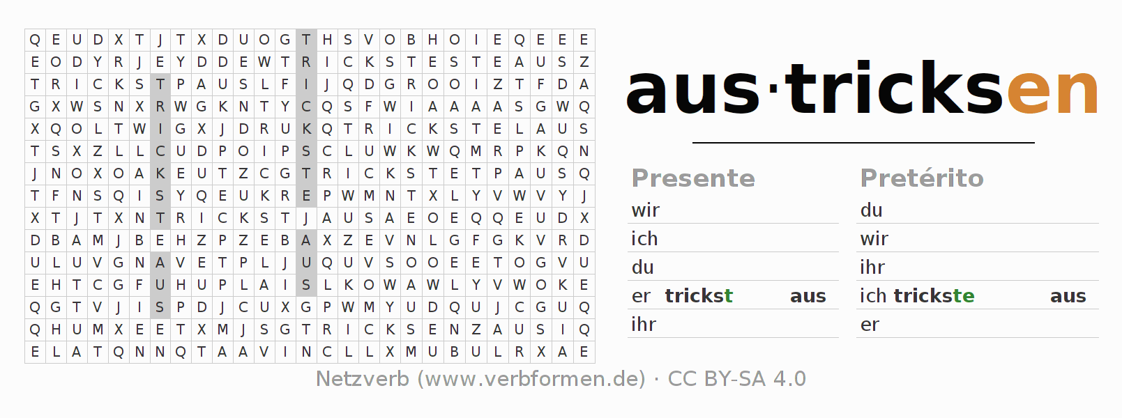 Caça-palavras com a conjugação do verbo austricksen
