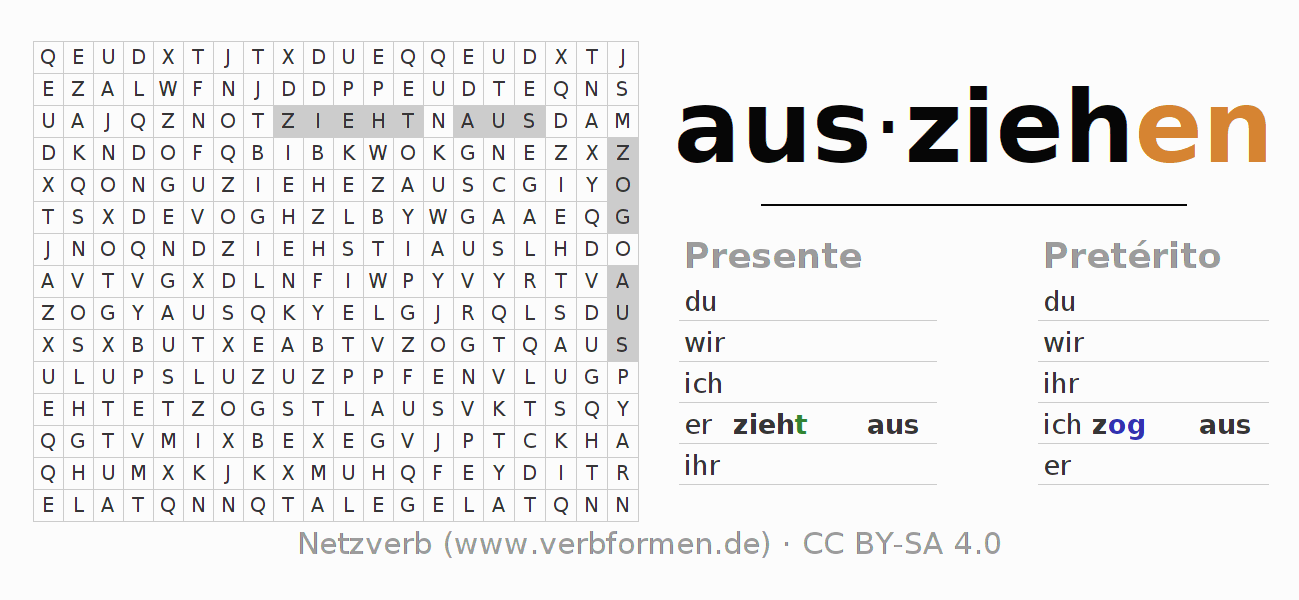Caça-palavras com a conjugação do verbo ausziehen (ist)