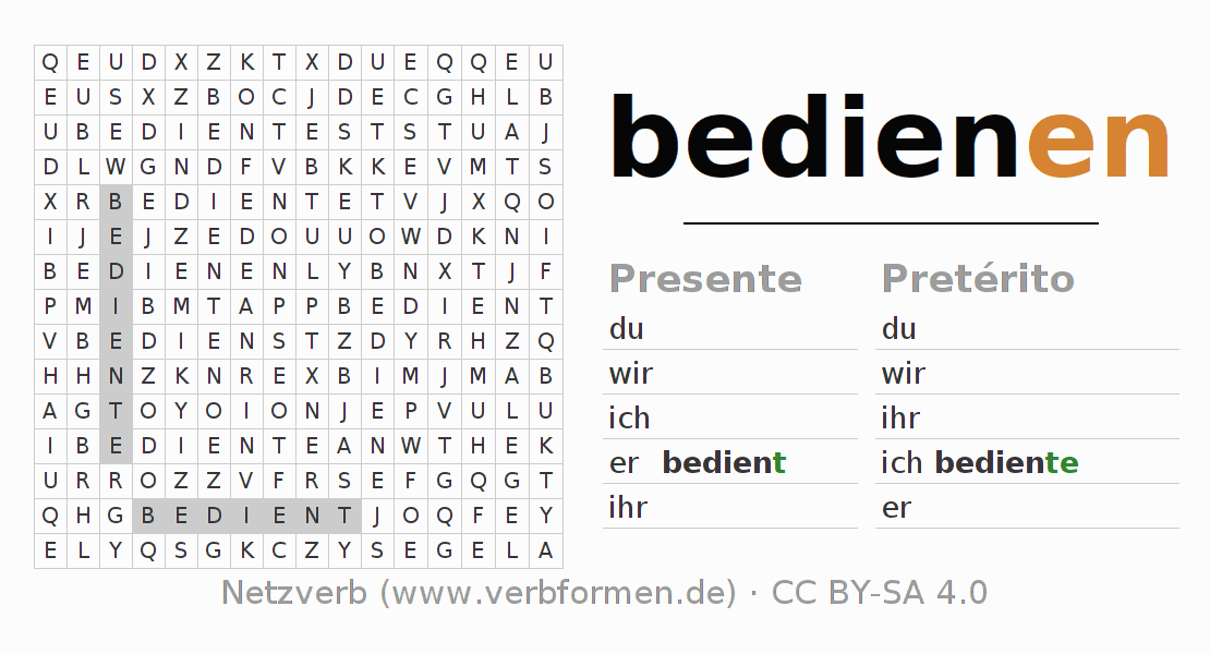Caça-palavras com a conjugação do verbo bedienen