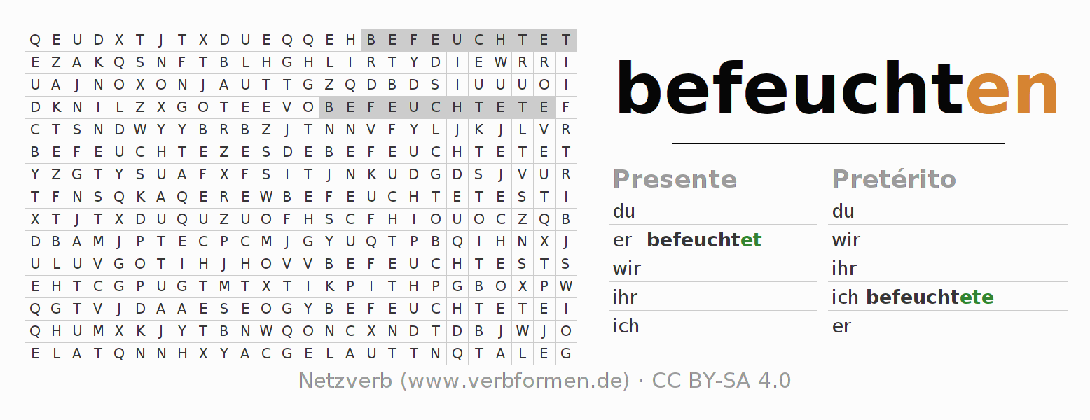 Caça-palavras com a conjugação do verbo befeuchten
