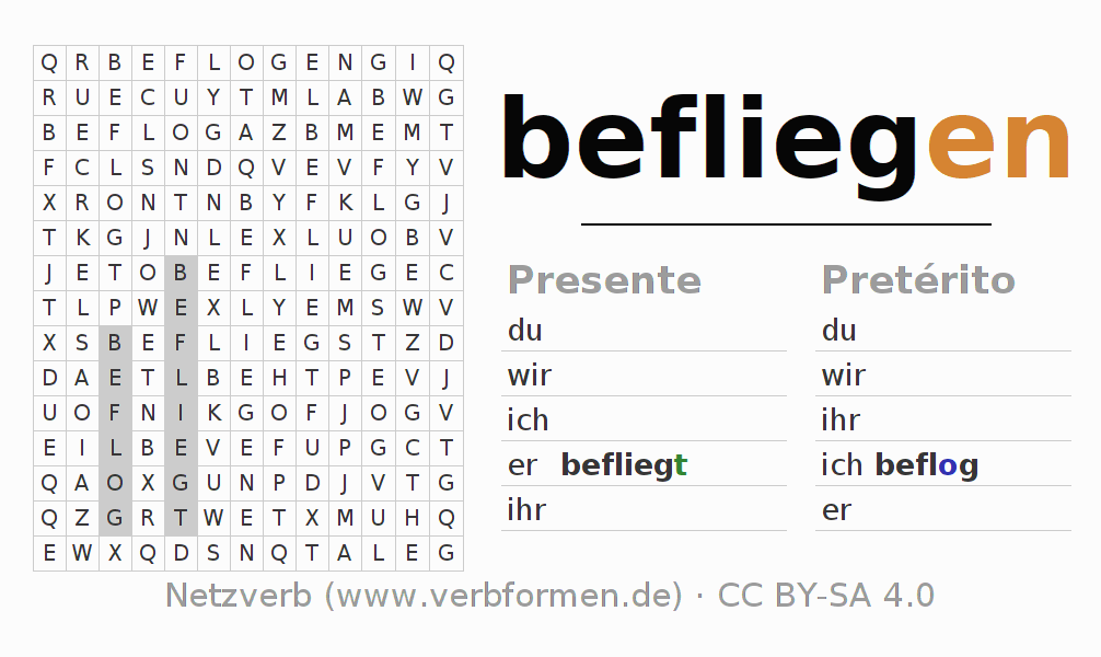 Caça-palavras com a conjugação do verbo befliegen