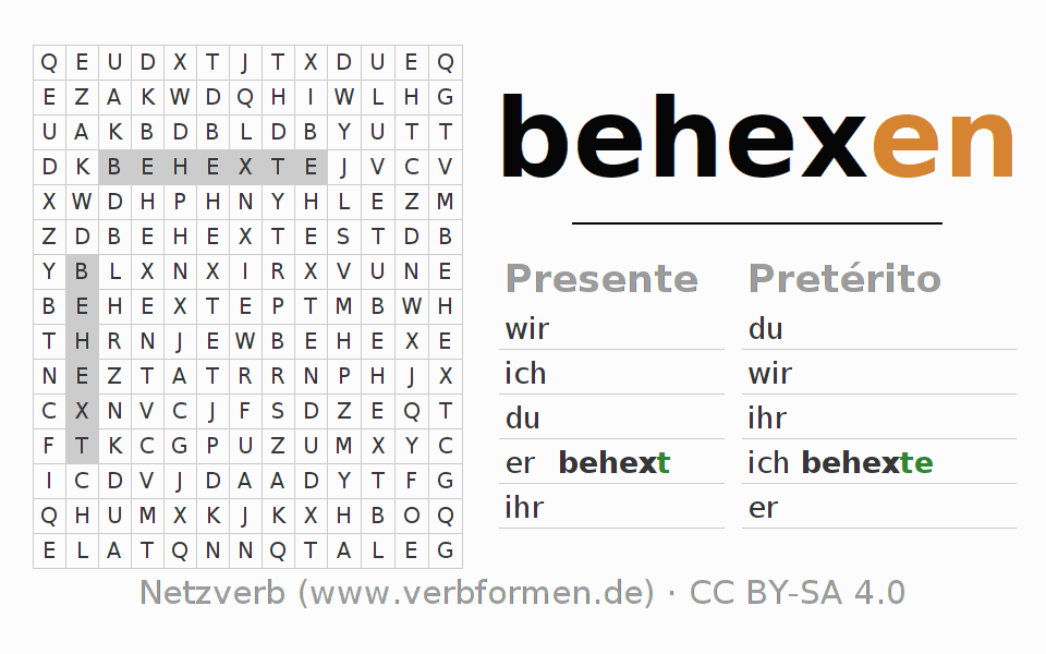 Caça-palavras com a conjugação do verbo behexen