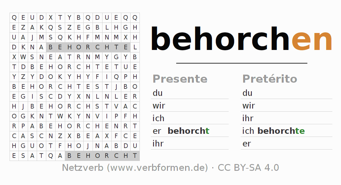 Caça-palavras com a conjugação do verbo behorchen
