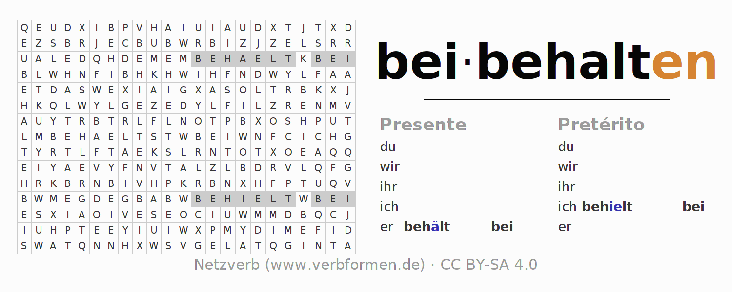 Caça-palavras com a conjugação do verbo beibehalten