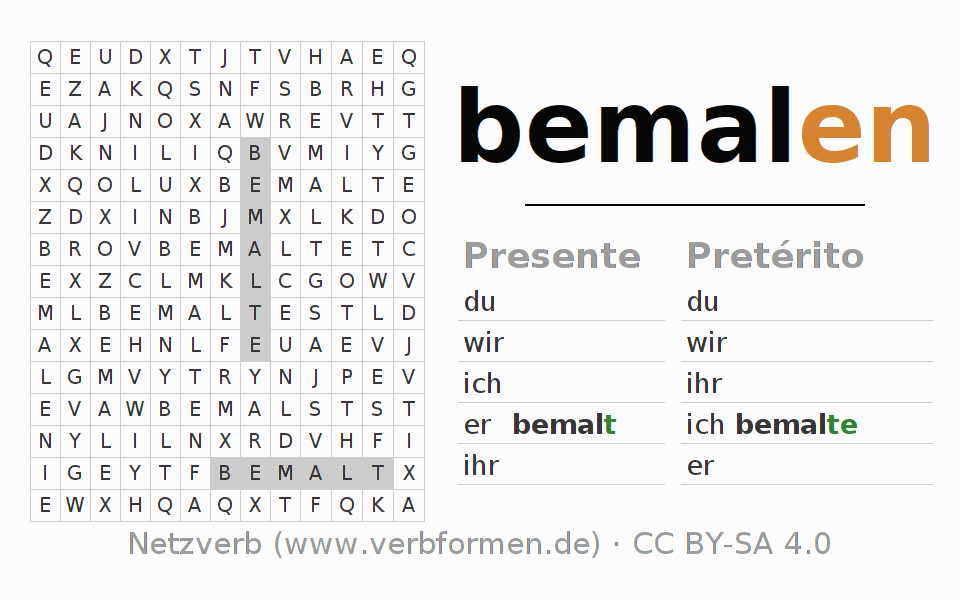 Caça-palavras com a conjugação do verbo bemalen
