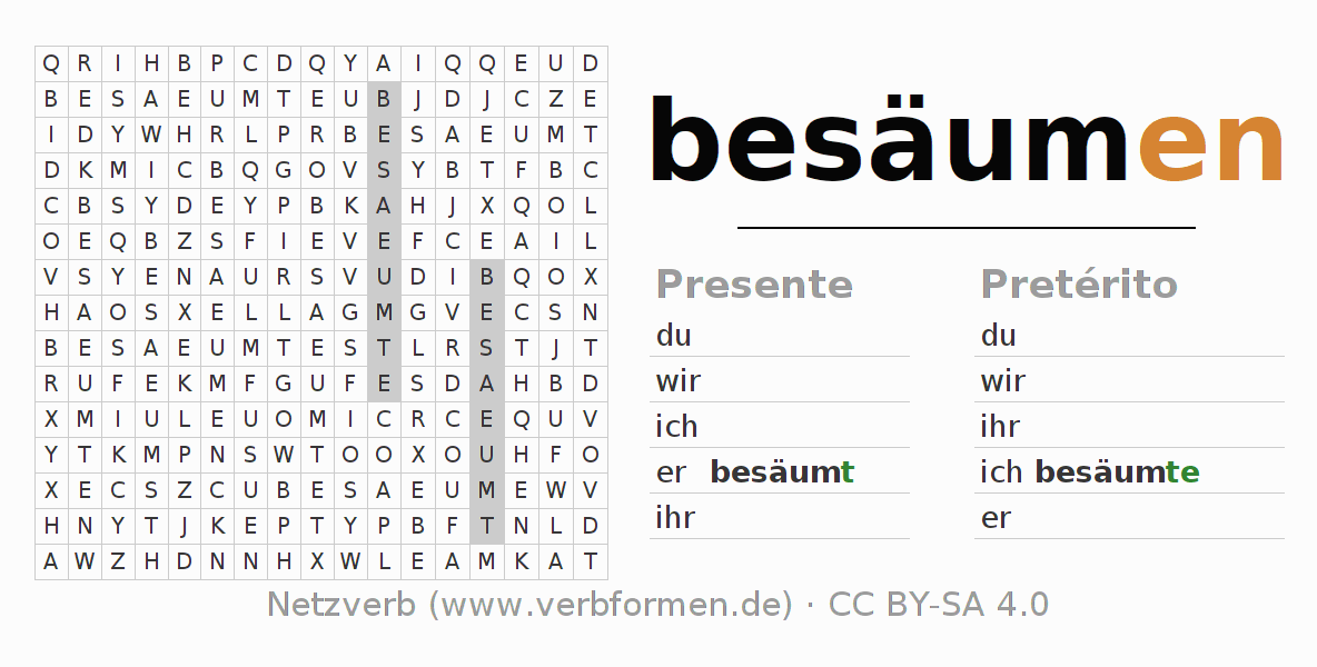 Caça-palavras com a conjugação do verbo besäumen