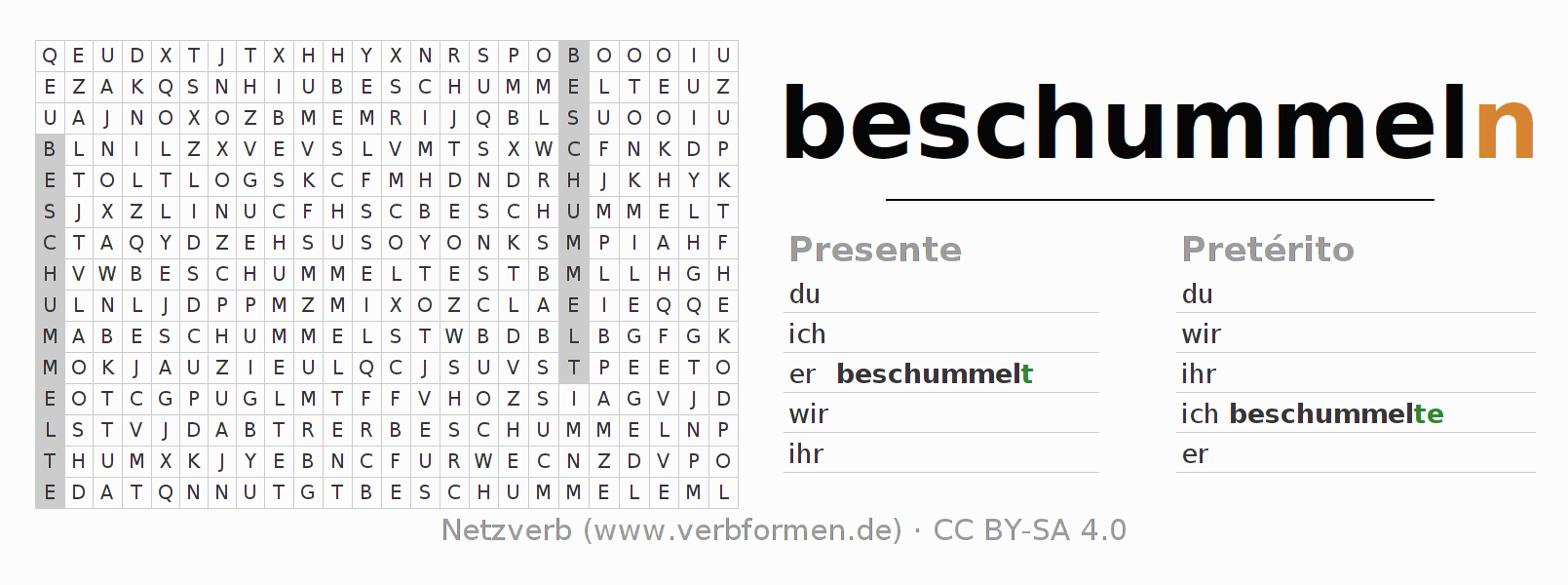 Caça-palavras com a conjugação do verbo beschummeln