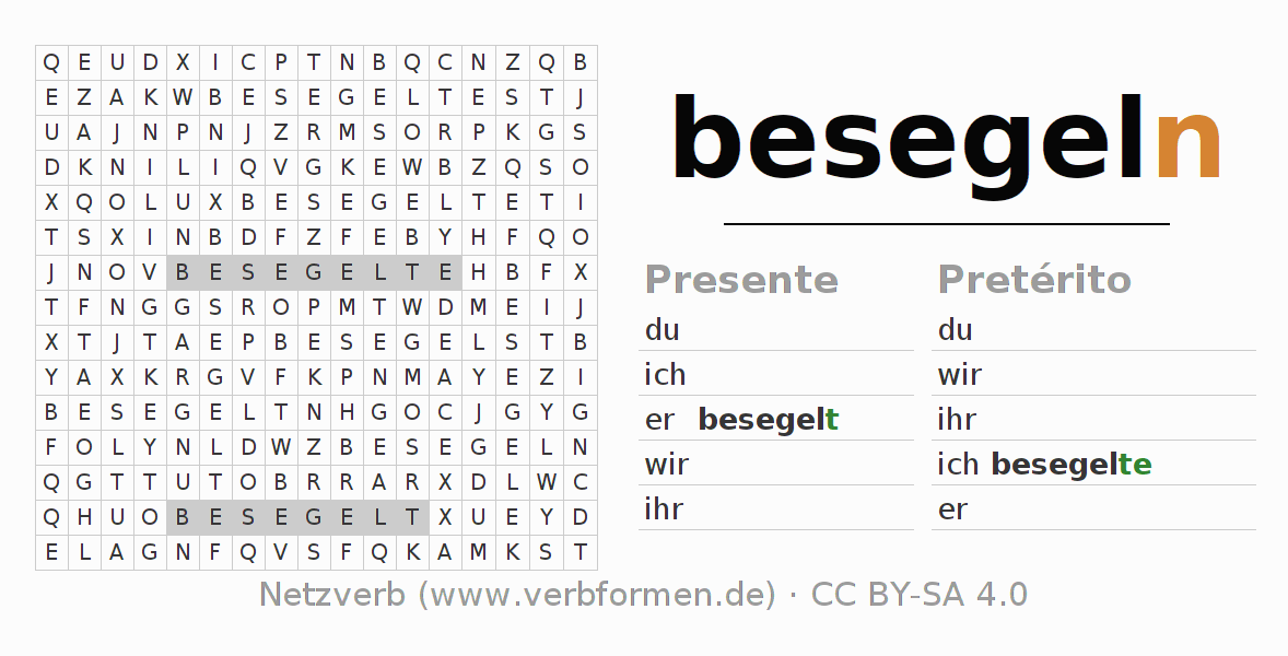 Caça-palavras com a conjugação do verbo besegeln