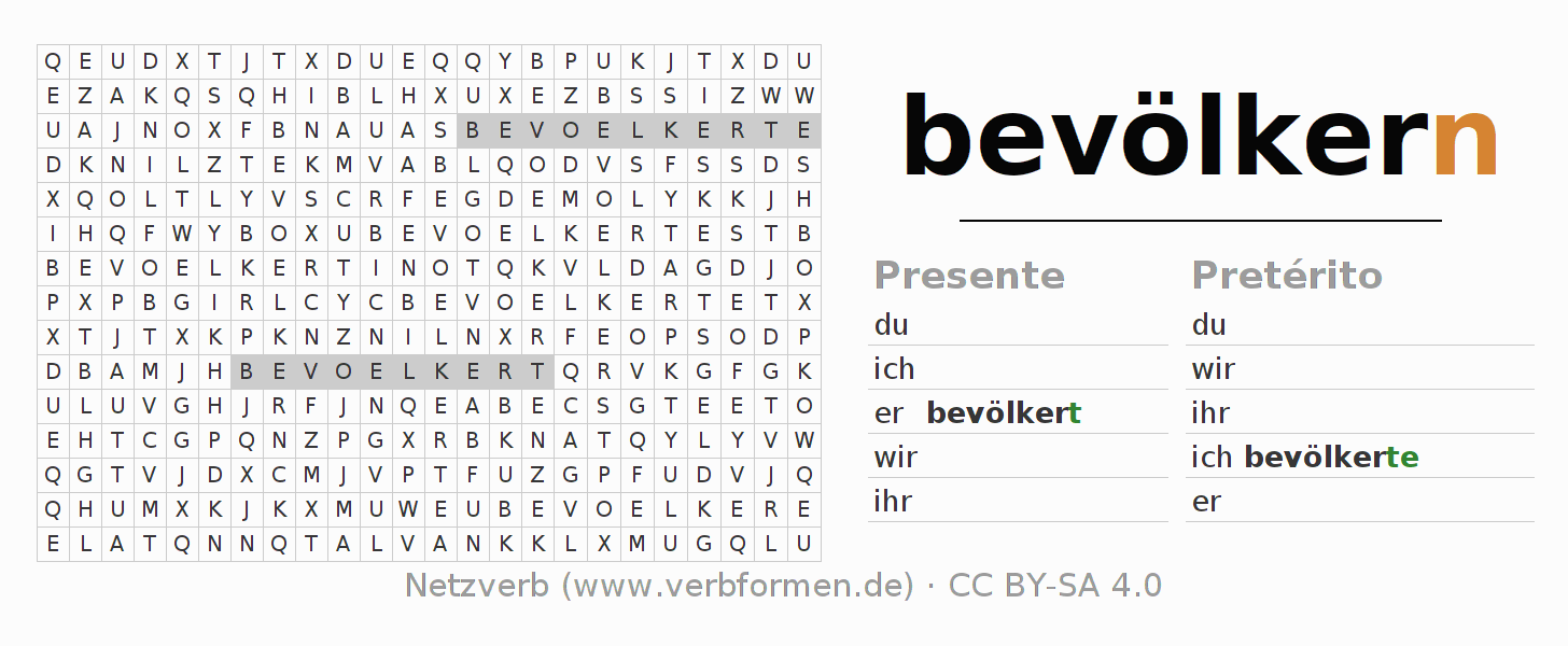 Caça-palavras com a conjugação do verbo bevölkern