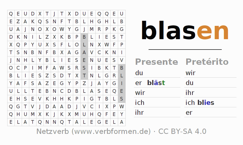 Caça-palavras com a conjugação do verbo blasen