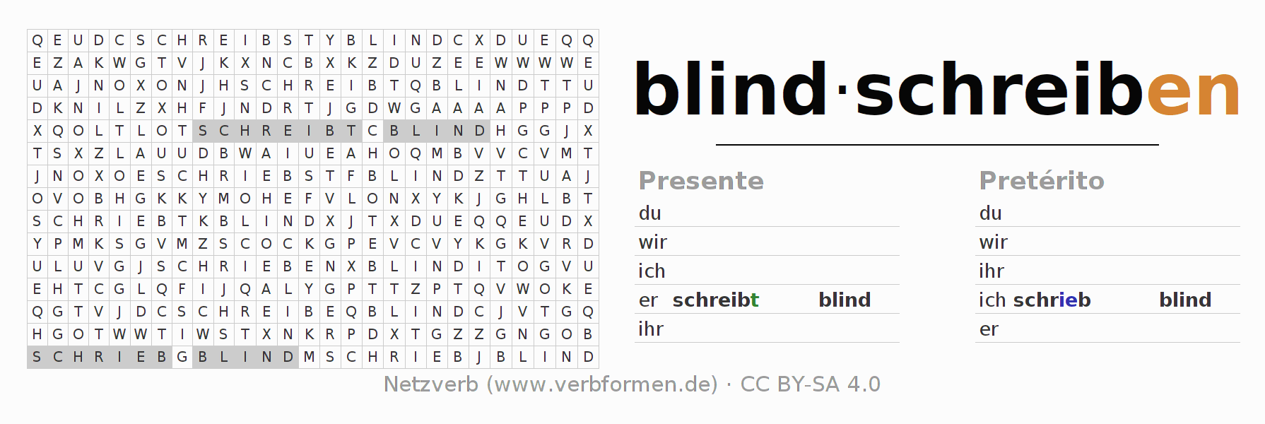 Caça-palavras com a conjugação do verbo blindschreiben
