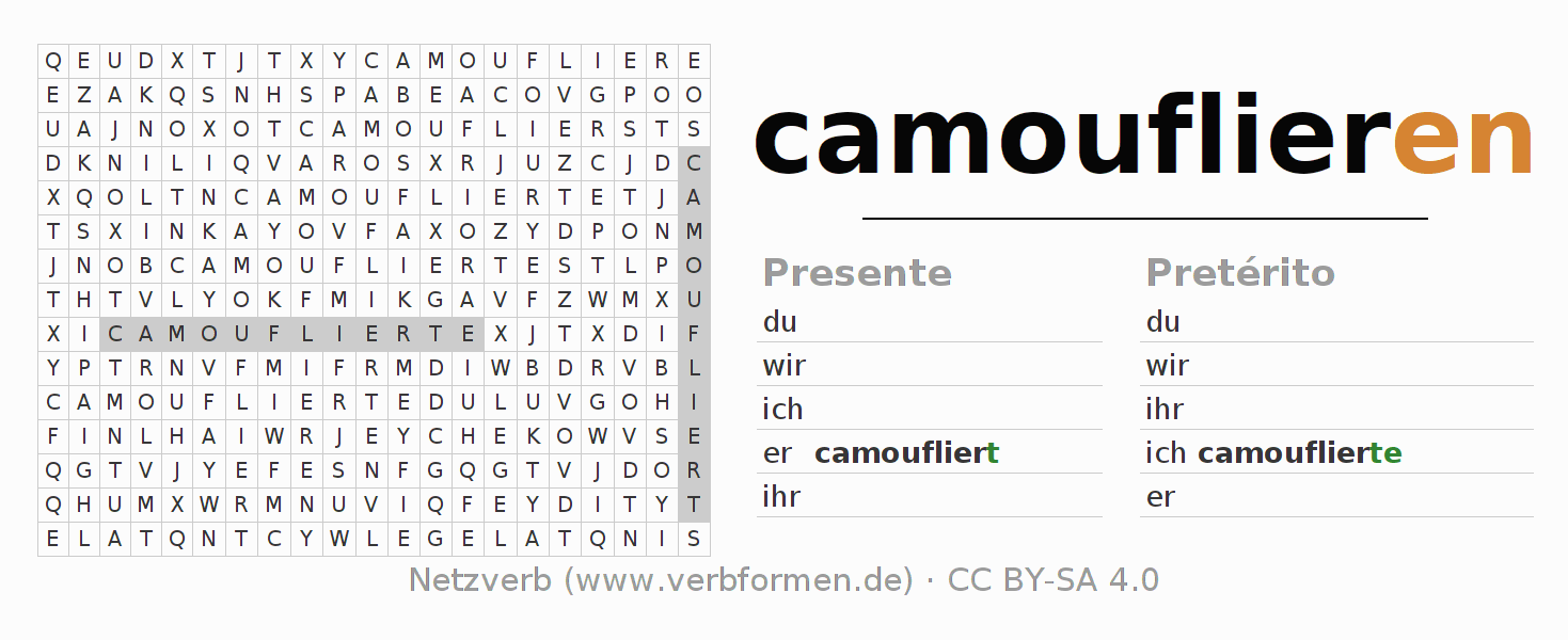 Caça-palavras com a conjugação do verbo camouflieren