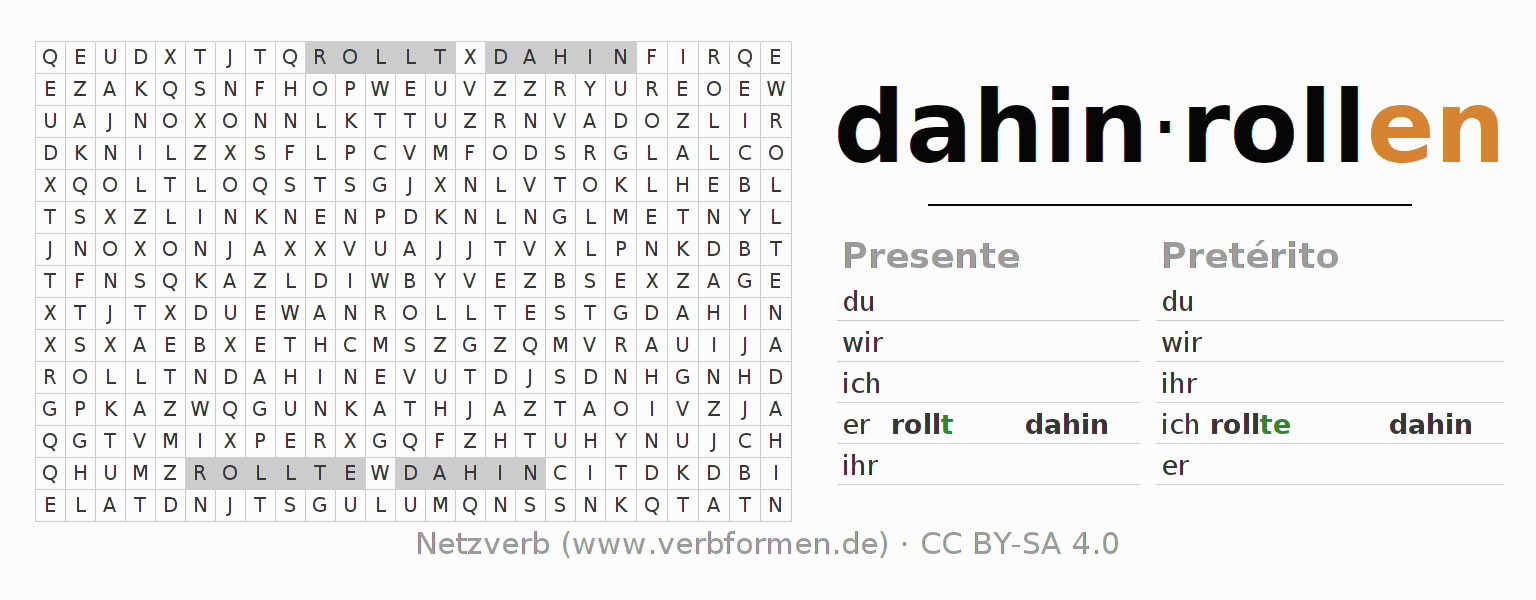 Caça-palavras com a conjugação do verbo dahinrollen