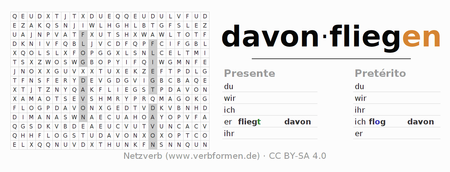 Caça-palavras com a conjugação do verbo davonfliegen