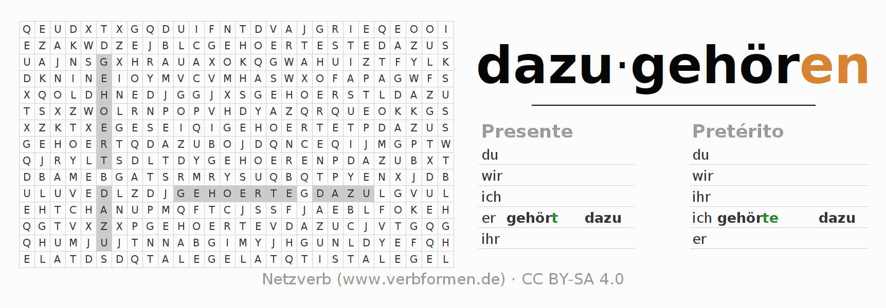 Caça-palavras com a conjugação do verbo dazugehören