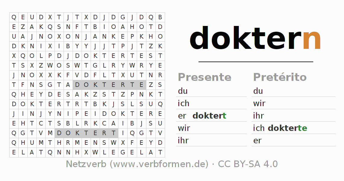 Caça-palavras com a conjugação do verbo doktern
