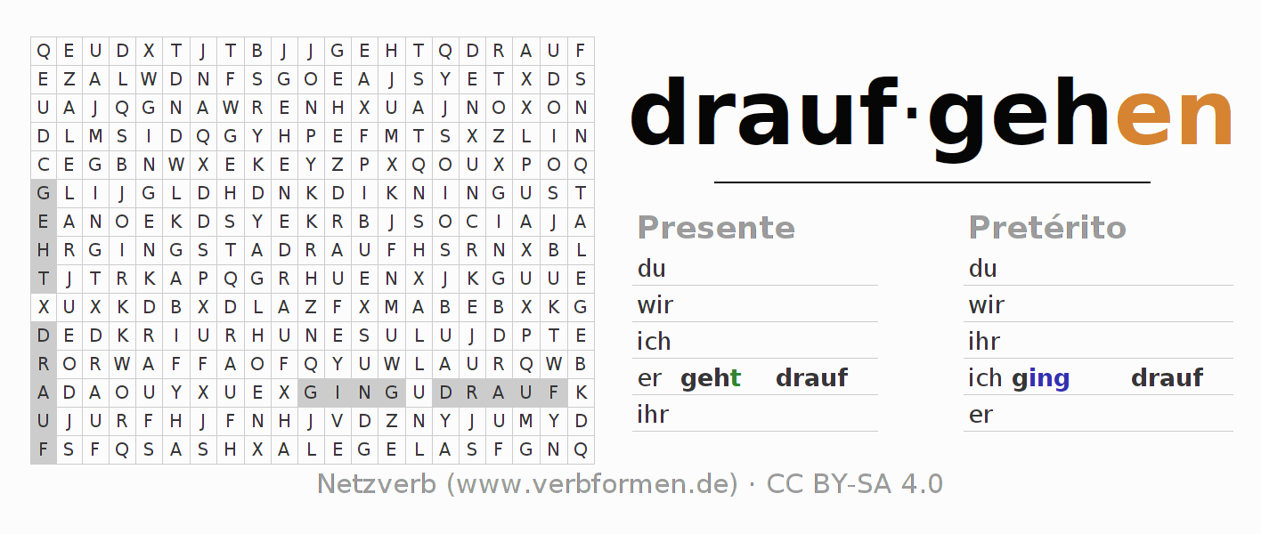 Caça-palavras com a conjugação do verbo draufgehen